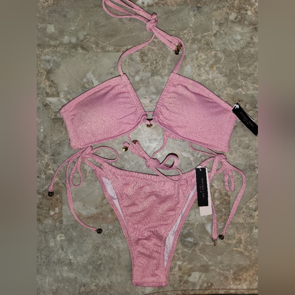 XS/S VS Swim Shimmer Halter Side Tie Bikini Set Tropical Island Getaway